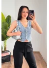Kadın V Yaka Buz Mavi Denim Yelek