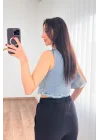 Kadın V Yaka Buz Mavi Denim Yelek