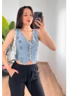 Kadın V Yaka Buz Mavi Denim Yelek