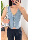 Kadın V Yaka Buz Mavi Denim Yelek