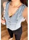 Kadın V Yaka Buz Mavi Denim Yelek