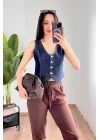 Kadın V Yaka Koyu Mavi Denim Yelek