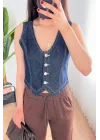Kadın V Yaka Koyu Mavi Denim Yelek