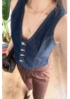 Kadın V Yaka Koyu Mavi Denim Yelek
