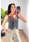 Kadın V Yaka Antrasit Denim Yelek