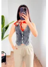 Kadın V Yaka Antrasit Denim Yelek