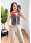 Kadın V Yaka Antrasit Denim Yelek