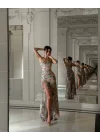 Kadın Çiçek Desenli Balenli Korse Detaylı Yırtmaçlı Tül Abiye Elbise