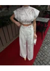 Kadın Vatkalı Crop Bluz Bol Paça Pantolon Takım