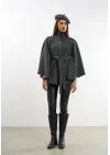 Kadın Antrasit Kaşe Kumaş Düğmeli Kuşaklı Pelerin Panço