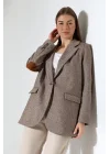 Kadın Balık Sırtı Dirsek Detaylı Tek Düğme Kruvaze Blazer Ceket