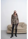 Kadın Bej Leopar Desenli Peluş Kaban
