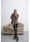 Kadın Bej Leopar Desenli Peluş Kaban