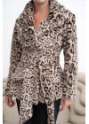 Kadın Bej Leopar Desenli Peluş Kaban