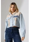 Kadın Buz Mavi Peluş Detaylı Kot Ceket