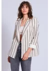 Kadın Çizgili Kol Katlamalı Keten Blazer Ceket