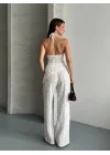 Kadın Halter Yaka Bürümcük Kumaş Beyaz İkili Takım