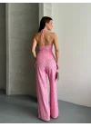 Kadın Halter Yaka Bürümcük Kumaş Pembe İkili Takım