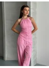 Kadın Halter Yaka Bürümcük Kumaş Pembe İkili Takım