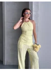 Kadın Halter Yaka Bürümcük Kumaş Sarı İkili Takım