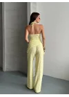 Kadın Halter Yaka Bürümcük Kumaş Sarı İkili Takım