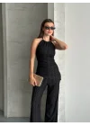 Kadın Halter Yaka Bürümcük Kumaş Siyah İkili Takım
