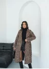 Kadın Leopar Desen Bağlamalı Astarlı Kaban