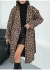 Kadın Leopar Desen Bağlamalı Astarlı Kaban