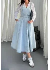 Kadın Midi Boy Bantlı Buz Mavi Kot Elbise