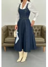 Kadın Midi Boy Bantlı Koyu Mavi Kot Elbise
