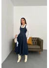 Kadın Midi Boy Bantlı Koyu Mavi Kot Elbise