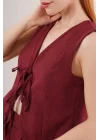 Kadın Ön Bağlama Detaylı Yelek Ve Pantolon Bordo Ikili Takım