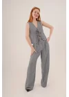 Kadın Ön Bağlama Detaylı Yelek Ve Pantolon Füme Ikili Takım