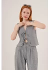 Kadın Ön Bağlama Detaylı Yelek Ve Pantolon Füme Ikili Takım