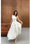 Kadın Önü Büzgülü Fırfırlı Beyaz Uzun Elbise