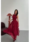 Kadın Önü Büzgülü Fırfırlı Bordo Uzun Elbise