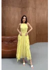 Kadın Önü Büzgülü Fırfırlı Sarı Uzun Elbise
