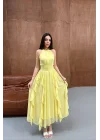 Kadın Önü Büzgülü Fırfırlı Sarı Uzun Elbise