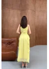 Kadın Önü Büzgülü Fırfırlı Sarı Uzun Elbise