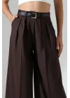 Kadın Pileli Kemerli Kahve Palazzo Pantolon