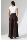 Kadın Pileli Kemerli Kahve Palazzo Pantolon