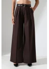 Kadın Pileli Kemerli Kahve Palazzo Pantolon