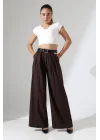 Kadın Pileli Kemerli Kahve Palazzo Pantolon