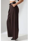 Kadın Pileli Kemerli Kahve Palazzo Pantolon