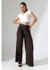 Kadın Pileli Kemerli Kahve Palazzo Pantolon