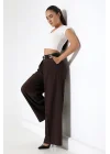 Kadın Pileli Kemerli Kahve Palazzo Pantolon