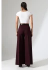 Kadın Pileli Kemerli Mürdüm Palazzo Pantolon