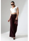 Kadın Pileli Kemerli Mürdüm Palazzo Pantolon