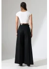 Kadın Pileli Kemerli Siyah Palazzo Pantolon