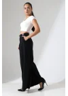 Kadın Pileli Kemerli Siyah Palazzo Pantolon